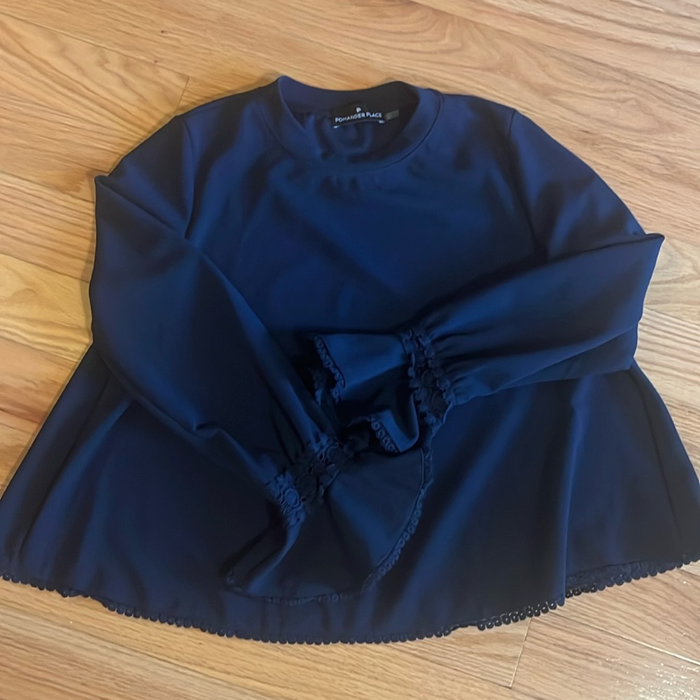 Navy blouse with crochet bell sleeves